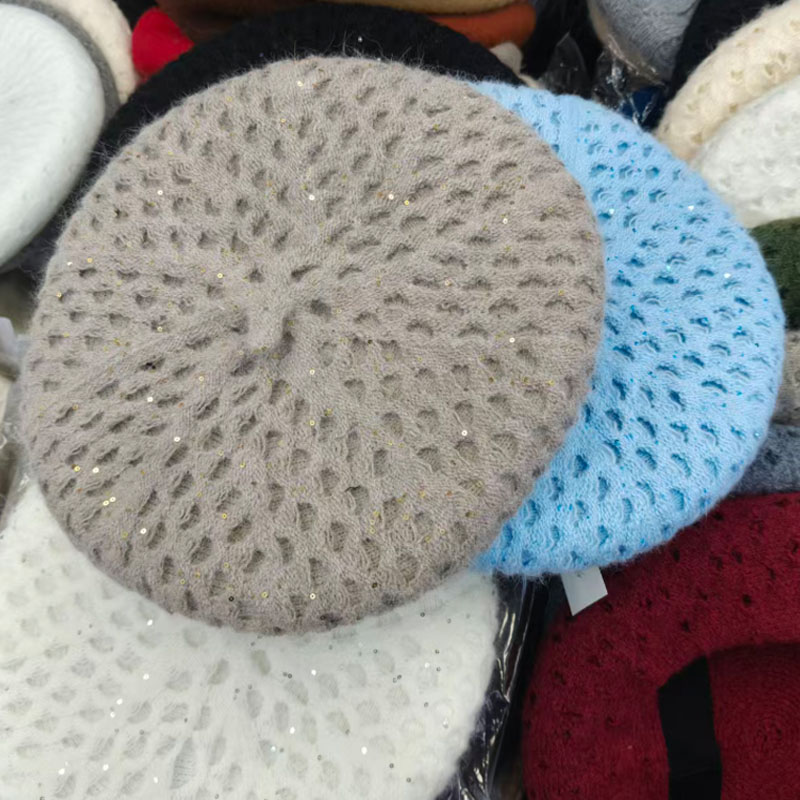 Beret French Wool - 2026 Neue Damen-Strick-Baskenmütze mit Ausschnitten, Glitzer-Pailletten,